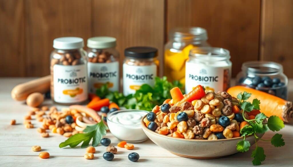 A vibrant still life featuring an array of probiotic-rich foods and natural ingredients for dogs, captured in soft, natural lighting. In the foreground, a bowl filled with a variety of colorful kibble, yogurt, and fresh fruits and vegetables, including carrots, blueberries, and leafy greens. In the middle ground, a scattering of probiotic supplements and powder in glass jars, their labels clearly visible. The background showcases a soothing, earthy-toned environment, perhaps a wooden table or countertop, evoking a sense of health, wellness, and the great outdoors. The overall composition conveys the importance of a balanced, natural diet for canine companions.