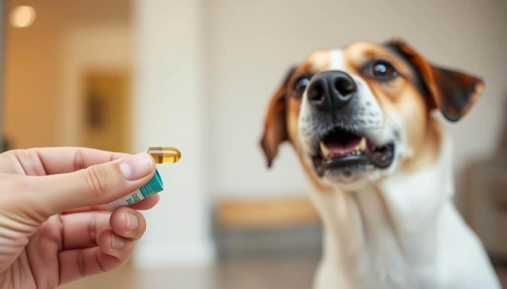 A well-lit, close-up photograph of a human hand gently placing a probiotic supplement capsule into a dog's open mouth, with the dog's attentive expression in the foreground. The middle ground shows the dog's face in profile, with a shallow depth of field blurring the background. The background is a minimalist, warm-toned interior setting, suggesting a domestic, home-like environment. The overall scene conveys a sense of care, trust, and the routine nature of administering probiotics to support the dog's gut health.