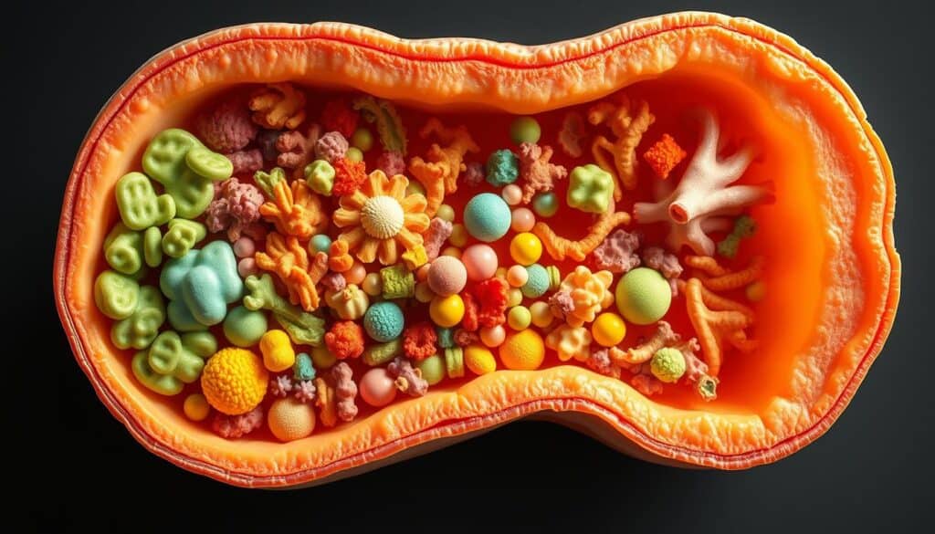Detailed cross-section of a healthy canine gut, showcasing the delicate balance of the microbiome. Vibrant colors and intricate textures depict the diversity of beneficial bacteria, fungi, and other microorganisms that support digestive and immune function. Rendered in a semi-realistic, scientific style with a focus on clarity and accuracy. Soft lighting from above casts gentle shadows, emphasizing the three-dimensional structure. Tight framing isolates the gut contents, conveying the essential role of probiotics in canine health and wellbeing.